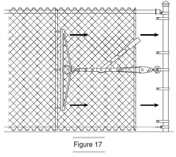 Chain link fences are stretched by professional tools.