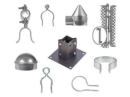 Nine chain link fence accessories on the white background.